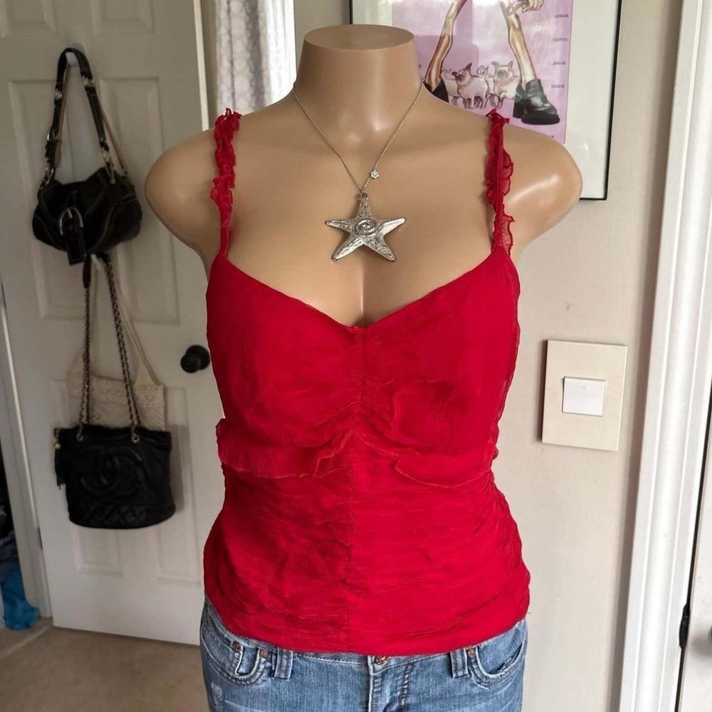 y2k 2000s romantic silk red ruffle camisole top